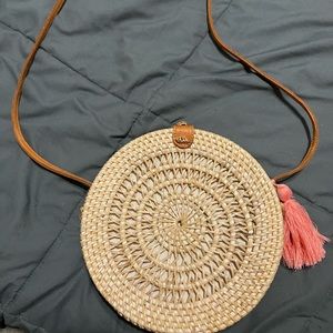 Brand new woven straw round leather strap crossbody bag